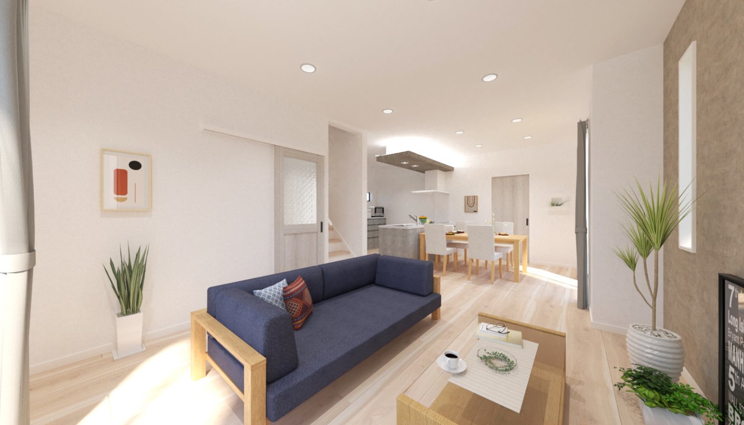 光を集める高級感ただよう明るいリビング、時とともに心地よさが増す空間。日常を洗練された上質な気分で過ごせるように、床や建具をシンプルにコーディネート。明るく優しい風合いの材質を取り入れた空間が、心地いい空間を演出しています。