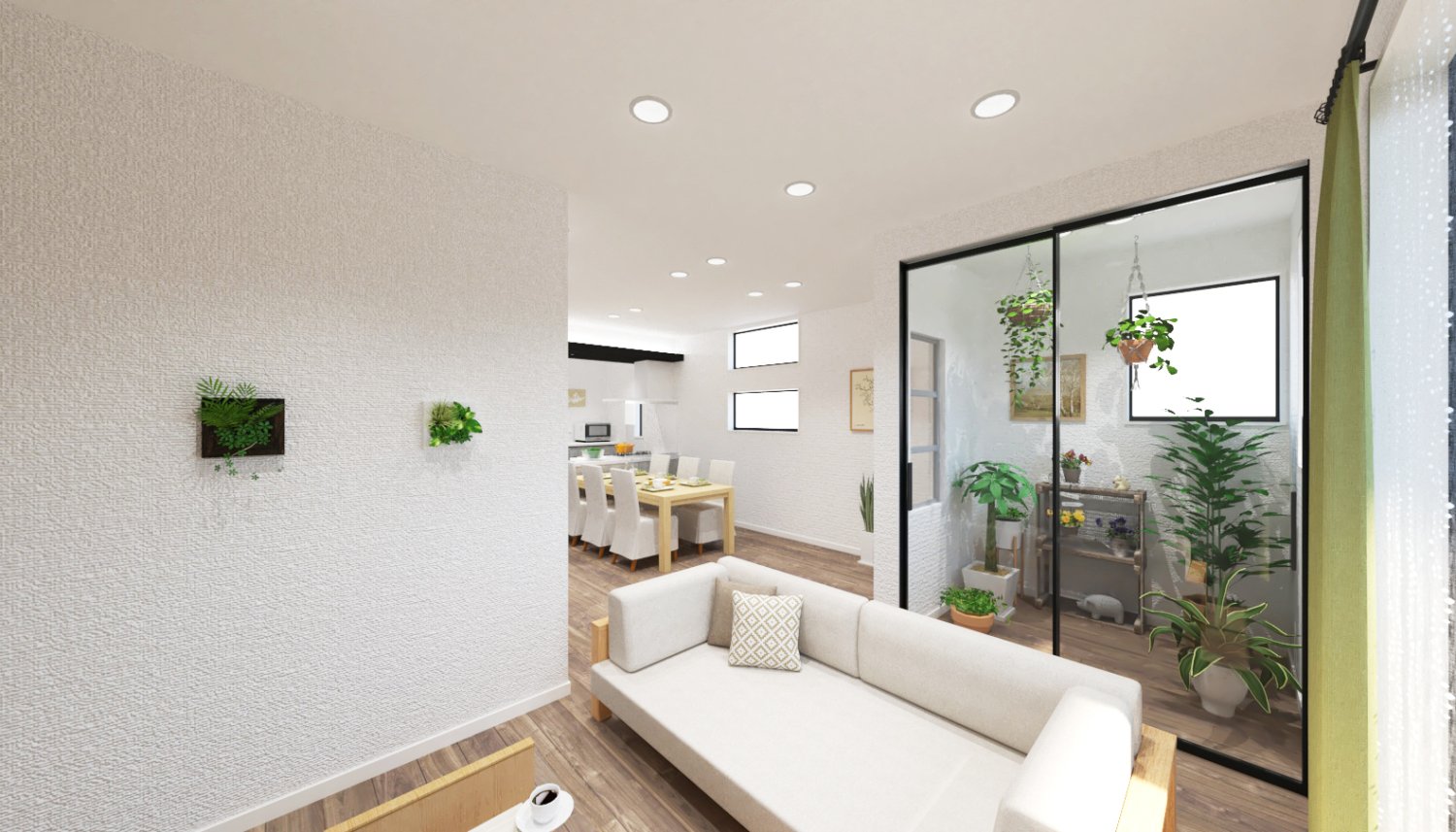 日常を洗練された上質な気分で過ごせるように、床や建具をシンプルにコーディネート。南向きの窓からは柔らかな陽光が注ぎ、ウォルナットならではの変化に富んだ表情を持つフローリングが優しく受け止めます。高天井（2,600mm）で圧迫感を感じない開放的なリビングは、四季を通じて上質な空間を演出。家族の笑顔が連鎖する、日常の至福をお届けします。