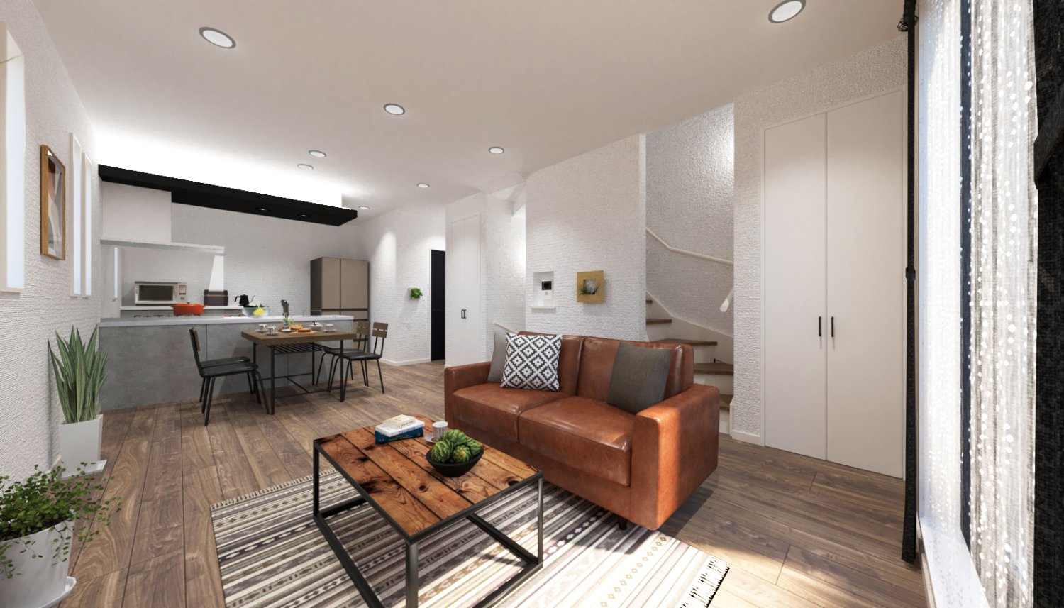 天井高が2,600mmある2階リビングは、明るく開放的な空間が広がっています。やさしい風合い・質感の素材が日々の暮らしを気持ちのいいものにしてくれます。